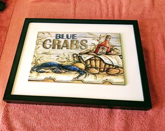 Keramische muurkunsttegel Blue Crabs, 8 x 12 inch glanzende afwerking, met of zonder lijst.