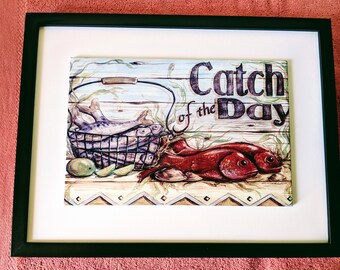 Płytka ceramiczna z motywem ryby, 8" x 12", wykończenie błyszczące, z ramą lub bez.