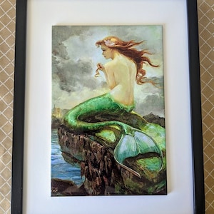 Mermaid Ceramic Wall Art Tile, 8" by 12" Glossy Finish, With Or Without A Frame.