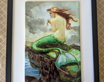 Płytka ścienna z motywem syreny, 8" x 12", wykończenie błyszczące, z ramą lub bez.