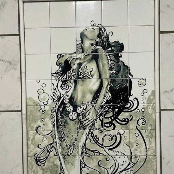 Mermaid Ceramic Tile Mural Backsplash.