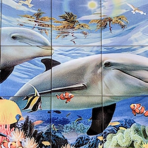 Puede incluir: Un mural de azulejos que representa una escena submarina con delfines, peces y corales. Los delfines son grises y blancos, nadando en agua azul. Varios peces, incluyendo peces payaso y peces ángel, están dispersos por la escena.