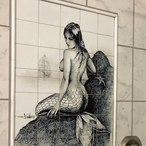 Mermaid Black And White Ceramic Tile Mural.