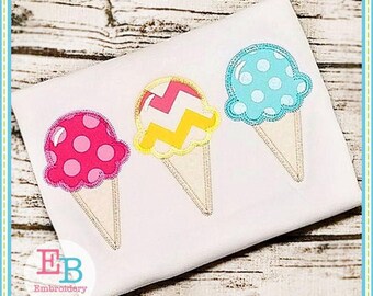 Ice Cream Cone Trio Zigzag Applique: Machine Embroidery Digital File (Instant Download)
