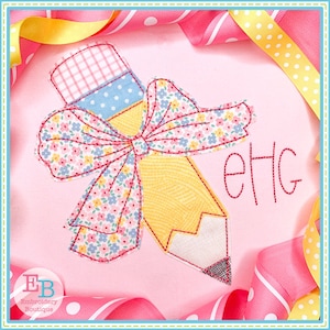 Pencil Big Bow No Tag Bean Applique, INSTANT DOWNLOAD, Multiple Sizes & Formats, Machine Embroidery Digital File, Fun Back to School Design