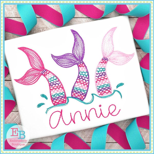 Mermaid Tails Embroidery Design, INSTANT DOWNLOAD, Multiple Sizes & Formats, Machine Embroidery Digital File, Fun Spring Ocean Design