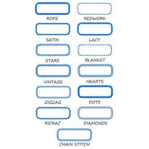 Puede incluir: Un gráfico con 11 puntos de bordado azules diferentes. Los puntos están etiquetados: Cuerda, Redwork, Satén, Encaje, Estrellas, Manta, Vintage, Corazones, Zigzag, Ricrac, Diamantes y Punto de cadena.