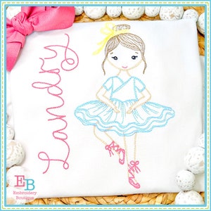 May include: Embroidered design of a ballerina with a light blue tutu, brown hair, and pink shoes. The name "Lauryn" is embroidered in pink cursive lettering.