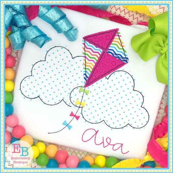 Kite Clouds Bean Stitch Applique, INSTANT DOWNLOAD, Multiple Sizes & Formats, Machine Embroidery Digital Design File, Summer Outdoors Fun