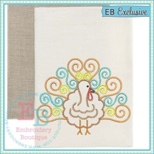 May include: Embroidered design of a white turkey with a red wattle and a colorful tail of teal, yellow, and orange swirls. The design is on a white background with the text "EB Exclusive" in the top right corner.