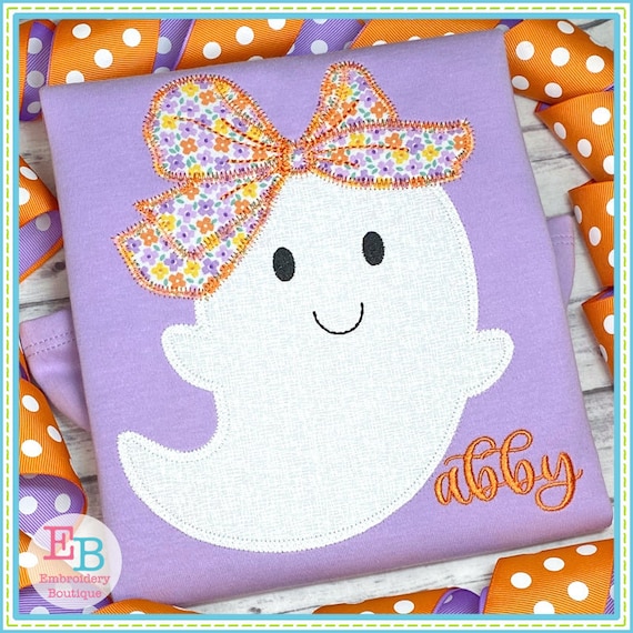 Ghost Big Bow Zigzag Stitch Applique: Halloween Embroidery Design (Digital File)