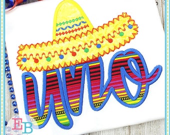 May include: Embroidered design of the word "Uno" in a colorful striped pattern with a yellow sombrero on top. The design is on a white fabric.
