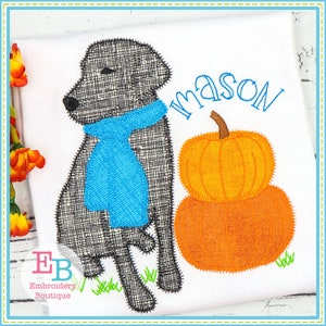 Labrador Dog Thanksgiving Applique: Zigzag Pumpkins Embroidery Design (Digital File)