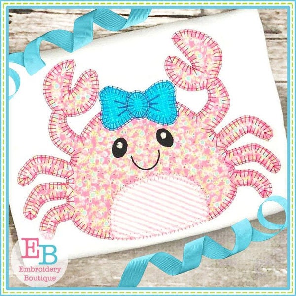 Crab Bow Blanket Stitch Applique, INSTANT DOWNLOAD, Multiple Sizes & Formats, Machine Embroidery Digital File, Summer Seaside Ocean Fun