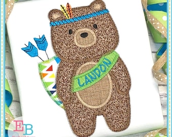 Tribal Boy Bear Applique: Zigzag Embroidery Design (Digital File)