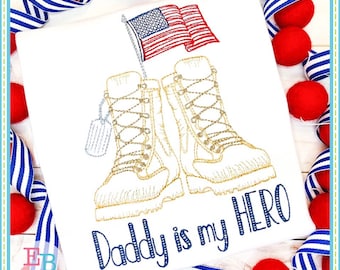 Boots Dog Tags Flag Sketch Embroidery Design: Patriotic Military (INSTANT DOWNLOAD)