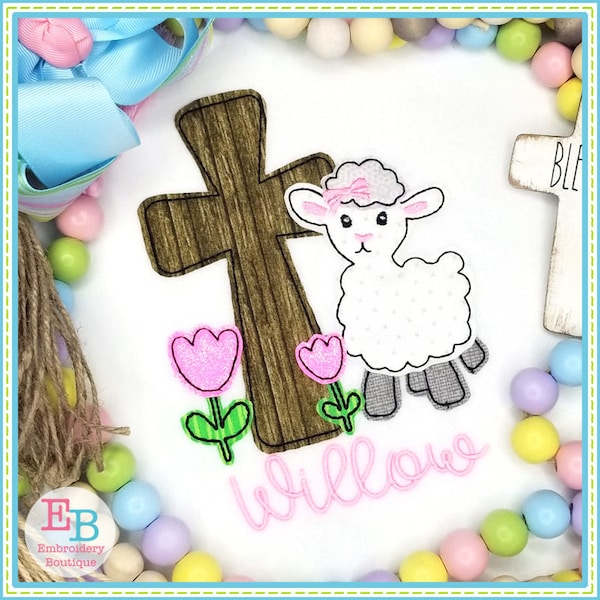Lamb Cross Tulips Bow Bean Stitch Applique, INSTANT DOWNLOAD, Multiple Sizes & Formats, Machine Embroidery File, Fun Easter Religious Design
