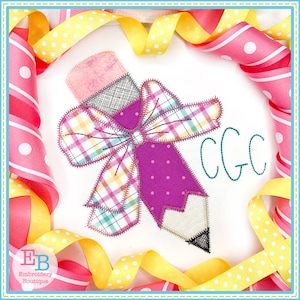 Pencil Big Bow Zigzag Applique: Machine Embroidery Design (Digital File)