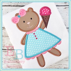 Bear Ice Cream Applique, INSTANT DOWNLOAD, Multiple Sizes & Formats, Machine Applique Embroidery Digital File, Fun Summer Icecream Design