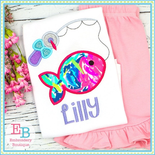 Fish on a String with Bow Satin Applique, INSTANT DOWNLOAD, Multiple Sizes & Formats, Machine Embroidery Digital File, Summer Fishing Pole