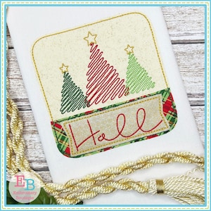 May include: Embroidered design featuring three stylised Christmas trees in red, green and gold with a banner that reads "Hall".