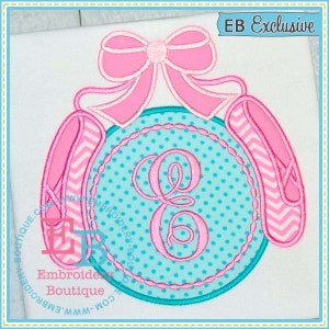 May include: Pink and white ballet shoe embroidery design with a turquoise circle and pink polka dots. The circle has a pink monogram letter "E" in the center. The design is labeled "EB Exclusive".