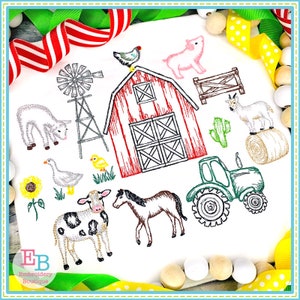 Farm Sketch Embroidery Design Set, INSTANT DOWNLOAD, Multiple Sizes & Formats, Machine Digital Design File, Barn Animals, Tractor Horse Goat