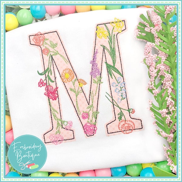 Wildflower Applique Alphabet, INSTANT DOWNLOAD, Multiple Sizes & Formats, Machine Embroidery Digital Design File, Floral Monogram Letters