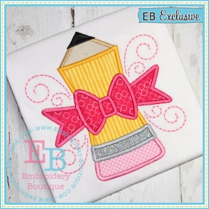 Pencil With Bow Applique, INSTANT DOWNLOAD, Multiple Sizes & Formats, Machine Embroidery Digital File, Back to School, Kids Design