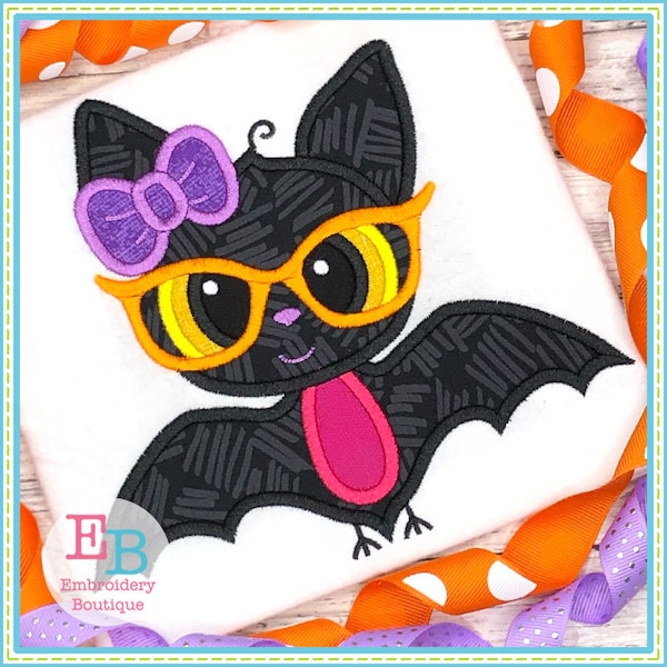 Bat Girl with Glasses Satin Applique, INSTANT DOWNLOAD, Multiple Sizes & Formats, Machine Embroidery Digital File, Fun Fall Halloween Design