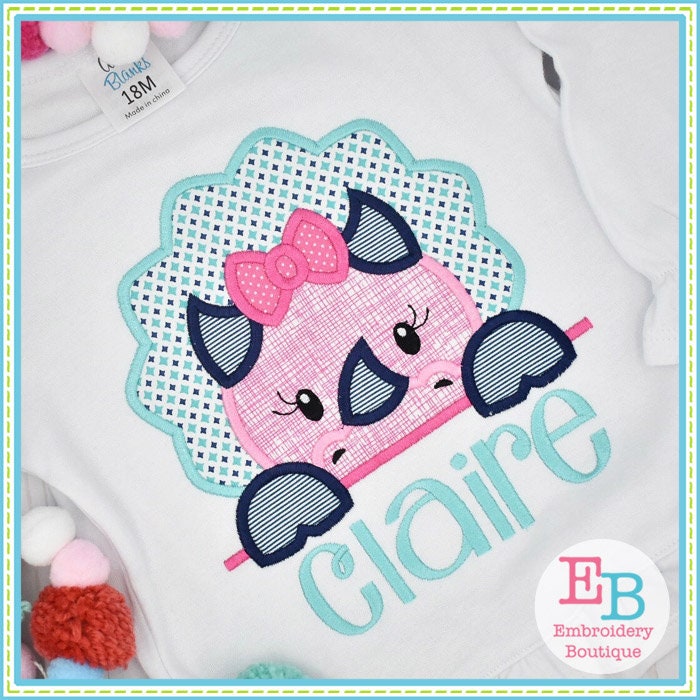 Triceratops Girl Peeker Applique, INSTANT DOWNLOAD, Multiple Sizes & Formats, Machine Embroidery Digital File, Dinosaur Girl Design