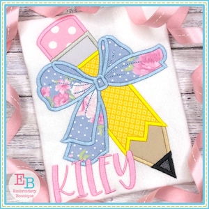 Pencil Big Bow Satin Applique, INSTANT DOWNLOAD, Multiple Sizes & Formats, Machine Embroidery Digital File, Back to School, Kids Design