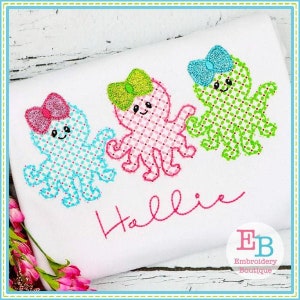Octopus Girl Trio Bean Stitch Applique, INSTANT DOWNLOAD, Multiple Sizes & Formats, Machine Embroidery Digital File, Summer Ocean Design