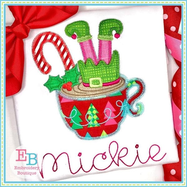 Elf Hot Chocolate Applique, INSTANT DOWNLOAD, Multiple Sizes & Formats, Machine Embroidery Digital File, Fun Christmas Festive Design