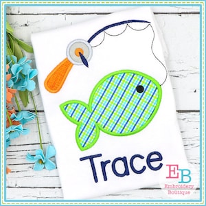 Fish on a String Satin Applique, INSTANT DOWNLOAD, Multiple Sizes & Formats, Machine Embroidery Digital File, Summer Fishing Pole Design