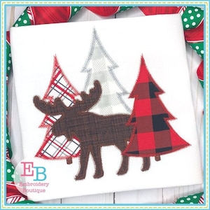 Moose Trees Zigzag Applique, INSTANT DOWNLOAD, Multiple Sizes & Formats, Machine Applique Embroidery Digital File, Festive Christmas Tree