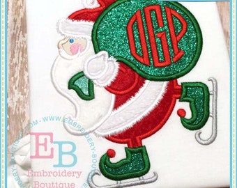 May include: Embroidered design of Santa Claus ice skating with a green and red monogrammed bag. The design is on a white fabric background.  EB Exclusive.
