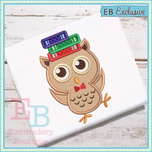 Owl Books Applique, INSTANT DOWNLOAD, Multiple Sizes & Formats, Machine Embroidery Digital File, Back to School, Kids Reading Design