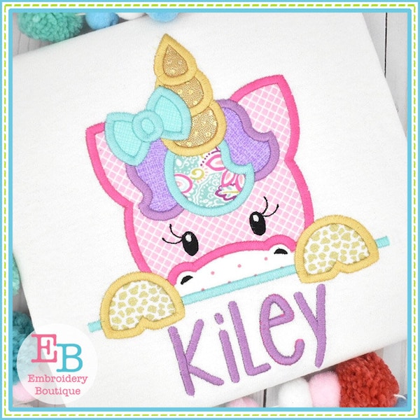 Unicorn Girl Peeker Applique, INSTANT DOWNLOAD, Multiple Sizes & Formats, Machine Applique Embroidery Digital File, Fun Design for Girl