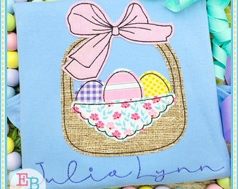 Easter Basket Applique: Big Bow Bean Stitch Embroidery Design (Instant Download)