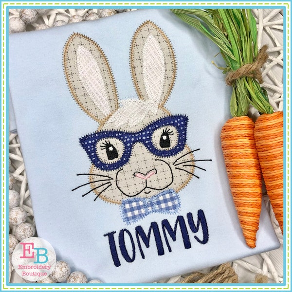 Bunny Glasses Bow Tie Zigzag Applique, INSTANT DOWNLOAD, Multiple Sizes & Formats, Machine Embroidery Digital Design File, Easter Embroidery