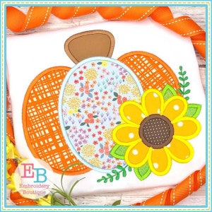 Pumpkin Sunflower Satin Applique: Fall Embroidery Design (Digital File)