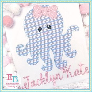 Octopus Bow Blanket Stitch Applique, INSTANT DOWNLOAD, Multiple Sizes & Formats, Machine Embroidery File, Summer Ocean Beach Girl Design