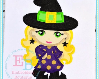 Diva Witch Applique, INSTANT DOWNLOAD, Multiple Sizes & Formats, Machine Applique Embroidery File, Fun Cute Witch Halloween Design