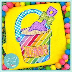 Beach Bucket Bow Applique: Bean Stitch Embroidery Design (Digital File)