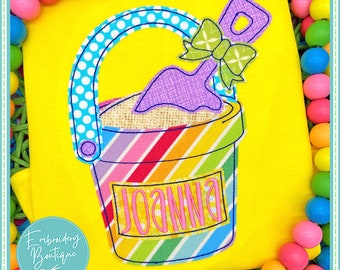 Beach Bucket Bow Bean Stitch Applique, INSTANT DOWNLOAD, Multiple Sizes & Formats, Machine Embroidery Digital File, Fun Summer Beach Design