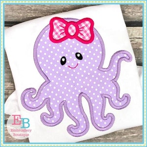 Octopus Bow Applique, INSTANT DOWNLOAD, Multiple Sizes & Formats, Machine Embroidery Digital File, Summer Ocean Beach Girl Design