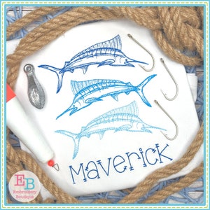 May include: Embroidered design of three blue marlin fish with a fishing hook and a sinker. The name "Maverick" is embroidered below the fish.