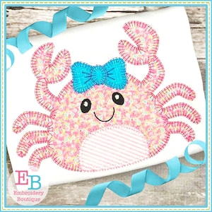 Crab Bow Blanket Stitch Applique, INSTANT DOWNLOAD, Multiple Sizes & Formats, Machine Embroidery Digital File, Summer Beach Girl Design