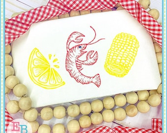 Crawfish Corn Lemon Sketch Embroidery Design: Summer Food (Digital File)